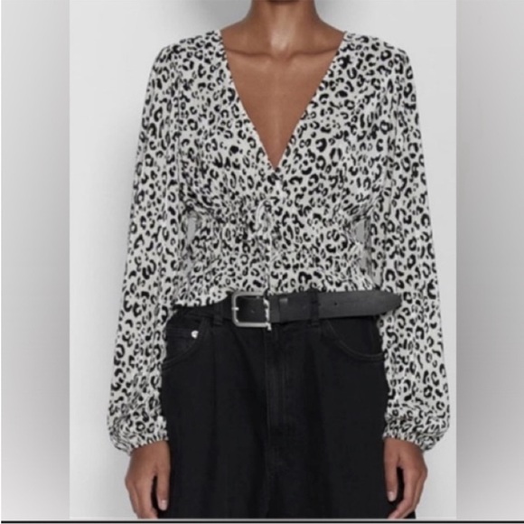 Zara Black Tan Leopard Print V-Neck Long Sleeve Blouse Women’s Size Small - Picture 1 of 6